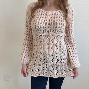 VINTAGE Babe  Ivory Crochet Knit Sweater Y2K Boho , Medium